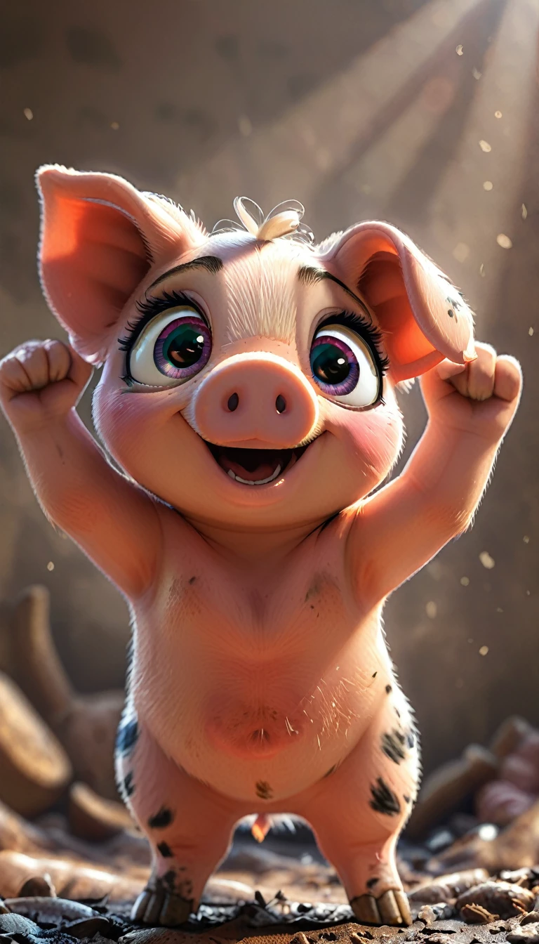 cute tiny piggy, cartoon , arms, hands ,cute eyes, looking at viewer, arms up, dirty background, piggy ears