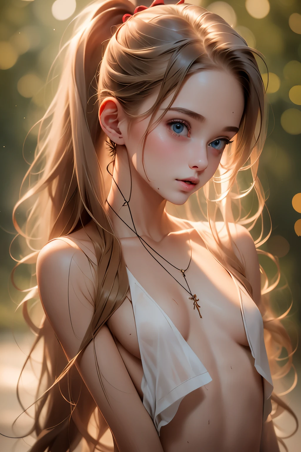  ((best quality)), ((masterpiece)), (detailed), NSFW, small breasts, prominent collarbones, skinny arms, flat stomach, visible hip bones, long hair, red hair, white hair, blonde hair, dark hair, ponytail, thick ponytail, heavy ponytail, anime girl in pink wet clothes, Realistic Shadows, Detailed skin, Very small breasts, Hair Ribbon, Very detailed, highly detailed face, Perfect face shape, Perfect lips, Perfect nose, Correct beautiful eyes, Watching Viewer, Best Quality, Single Girl, No bra, No panties, Solo 