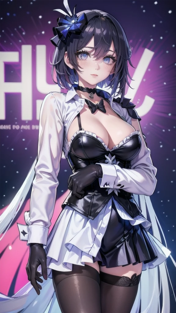 Masterpiece, Beautiful art, professional artist, 8k, Very detailed face, Detailed clothing, detailed fabric, 1 girl, Soul Fullness \(Honkai Impact 3rd\), front view, standing, perfectly drawn body, big breasts, shy expression, pale skin, beautiful face, short dark blue hair, 4k eyes, very detailed eyes, pink cheeks, choker:1.6, (white long sleeve button down shirt with white collar), black gloves, gloves that cover hands, (black leather corset), (shiny black tight mini skirt), Sensual Lips , winter night, show details in the eyes, looking at the viewer, elegant city, at night