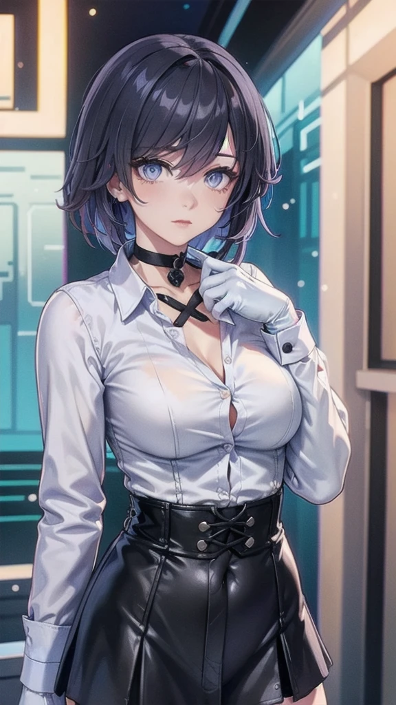 Masterpiece, Beautiful art, professional artist, 8k, Very detailed face, Detailed clothing, detailed fabric, 1 girl, Soul Fullness \(Honkai Impact 3rd\), front view, standing, perfectly drawn body, big breasts, shy expression, pale skin, beautiful face, short dark blue hair, 4k eyes, very detailed eyes, pink cheeks, choker:1.6, (white long sleeve button down shirt with white collar), black gloves, gloves that cover hands, (black leather corset), (shiny black tight mini skirt), Sensual Lips , winter night, show details in the eyes, looking at the viewer, elegant city, at night