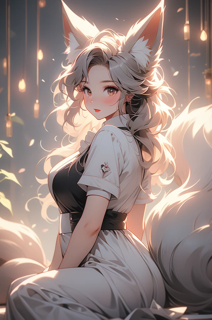 maid, maid uniform, fox ears, fox tail, voluptuous, powerful, plump, black fur
