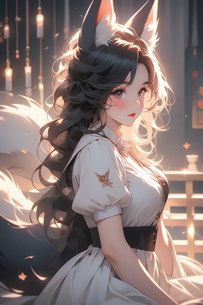 maid, maid uniform, fox ears, fox tail, voluptuous, powerful, plump, black fur