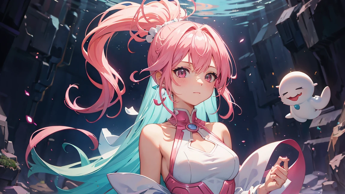 A pink-haired, translucent slime girl, Big Breasts, One piece clothes, Place your hand on your chest, Inside the cave, smiley, hair behind ear, front ponytail, anime style, UHD, masterpiece, accurate, anatomically correct, super detail, best quality, highres, 4K