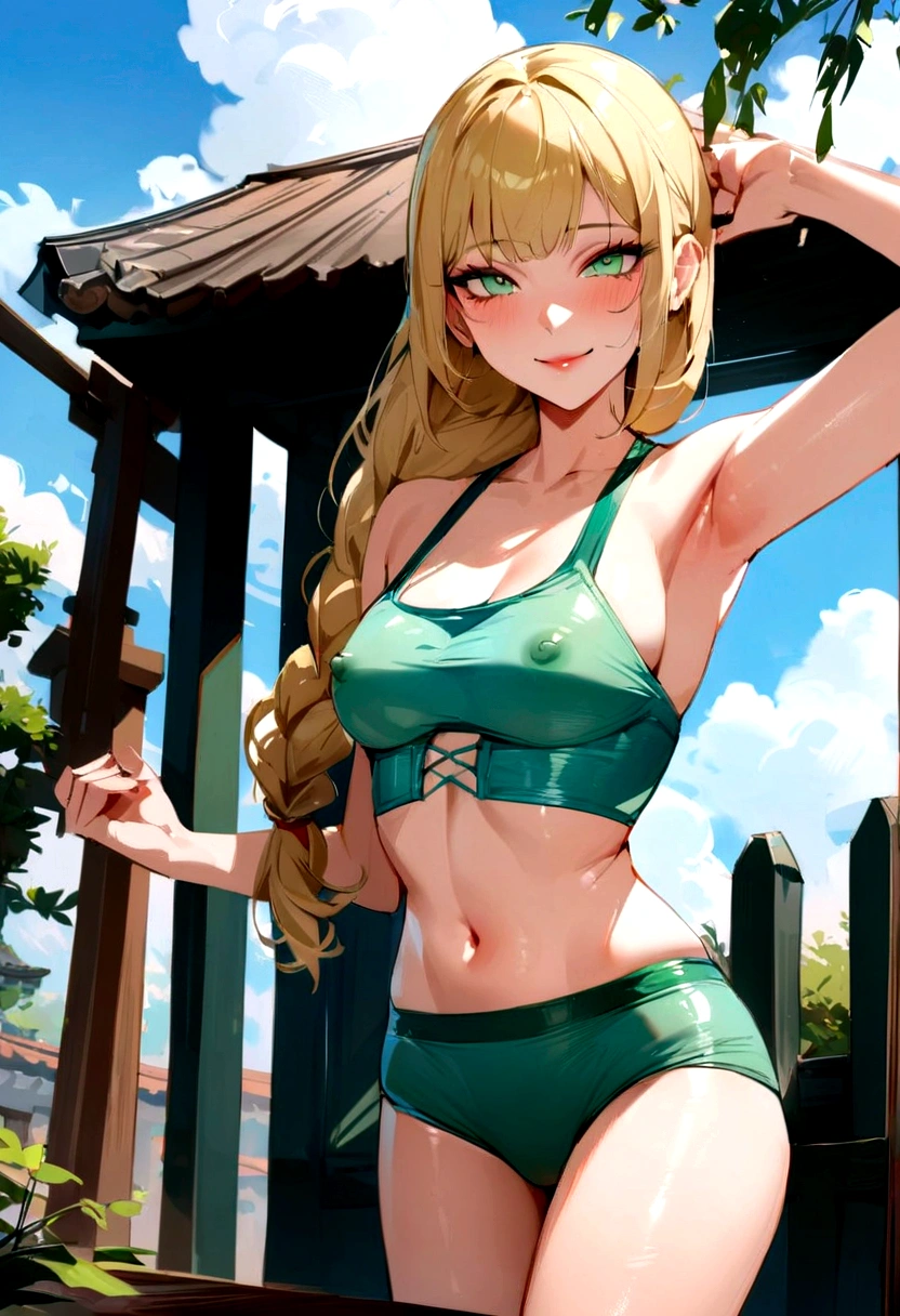 Ultra detailed Masterpiece, Best Quality, defIngrid, hits, green swimsuit, ultra tight green swimsuit , braided ponytail, looking at the viewer, SMILE, garden, blue sky, clouds, Upper part of the body, cowboy shot, standing, hands behind the back,visible nipples slim legs firm buttocks sexy in a detailed shrine 