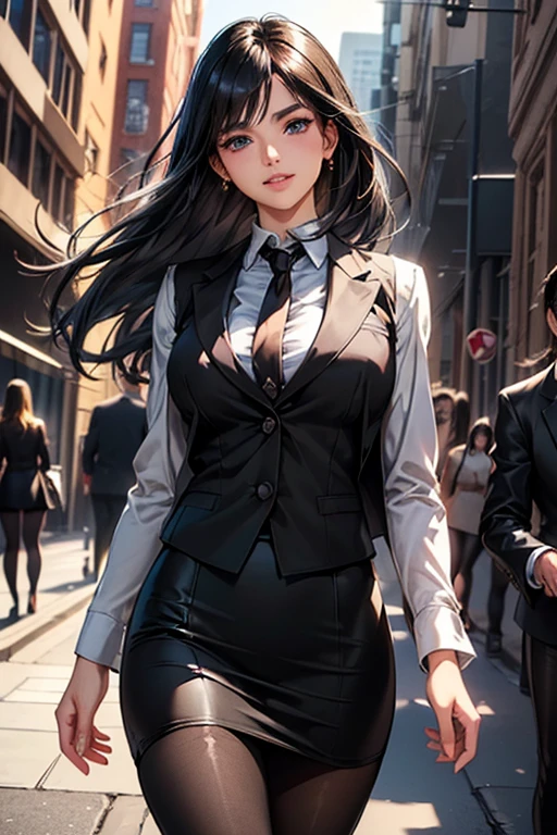 #Basics A girl is posing for a photo, animeのかわいい女の子, (((One Girl, , Young girs old))), 
Bhing Accessories 
(White Collar Dress Shirt) + (Black suit jacket:1.4) + (black suit vest:1.4) + (Black shiny pencil mini skirt:1.4) + (Black Pantyhose:1.4) + (Black high heels), 
red gem earrings, Silver Necklace, 
BREAK 

#Features 
(Black Hair), (slicked back hair), (Long Hair : Chest-length hair + Hair blowing in the wind + Straight Hair),  
(Droopy eyes, blue eyes), (Small breasts),  
BREAK 

#background environment 
(noon、(Sunlit sidewalk in an office district, People coming and going))
#Facial Expression Pose
((Big happy smile + Mouth wide open:1.4 + Teeth are visible), (Confident and powerful pose, A commanding presence)), 
#composition 
((Face the camera, Angle from the front, Cowboy Shot)),  
BREAK 

#Body parts elements 
(Detailed hair, Beautiful Hair, Shiny Hair), 
(double eyelid, Long eyelashes), 
(Expression of fine eyes, Beautiful and delicate eyes, Sparkling eyes, Eye Reflexes, Glitter Eyeliner), 
(Human Ear), 
(Beautiful Nose, Thin Nose), 
(Glossy lips, Beautiful Lips, Thick lips, Glossy Lips, Natural Cheeks), 
(Detailed face, Symmetrical facial features), 
(Detailed skin, Textured skin, Beautiful Skin, Shiny skin), 
BREAK 

#Quality 
(((Highest quality)), ((masterpiece)), ((Very detailed))), ((High resolution), (16K,1080P)), 
(Realistic), (Anatomically correct), 
((comics, anime)), (3DCG), CG illustration,
