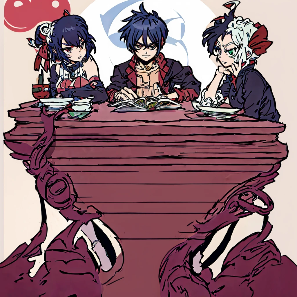 anime characters sitting at a table with a cat in their hands, 2 days anime style, 2 days anime, 2 days gorillaz, gorillaz art, Gorillaz style, gorillaz, arte 2D, 2 days art, arte 2D cover, 2 days style, 2 days digital, gorillaz phase 1, 2D, 2 days, Still image from 2D movie