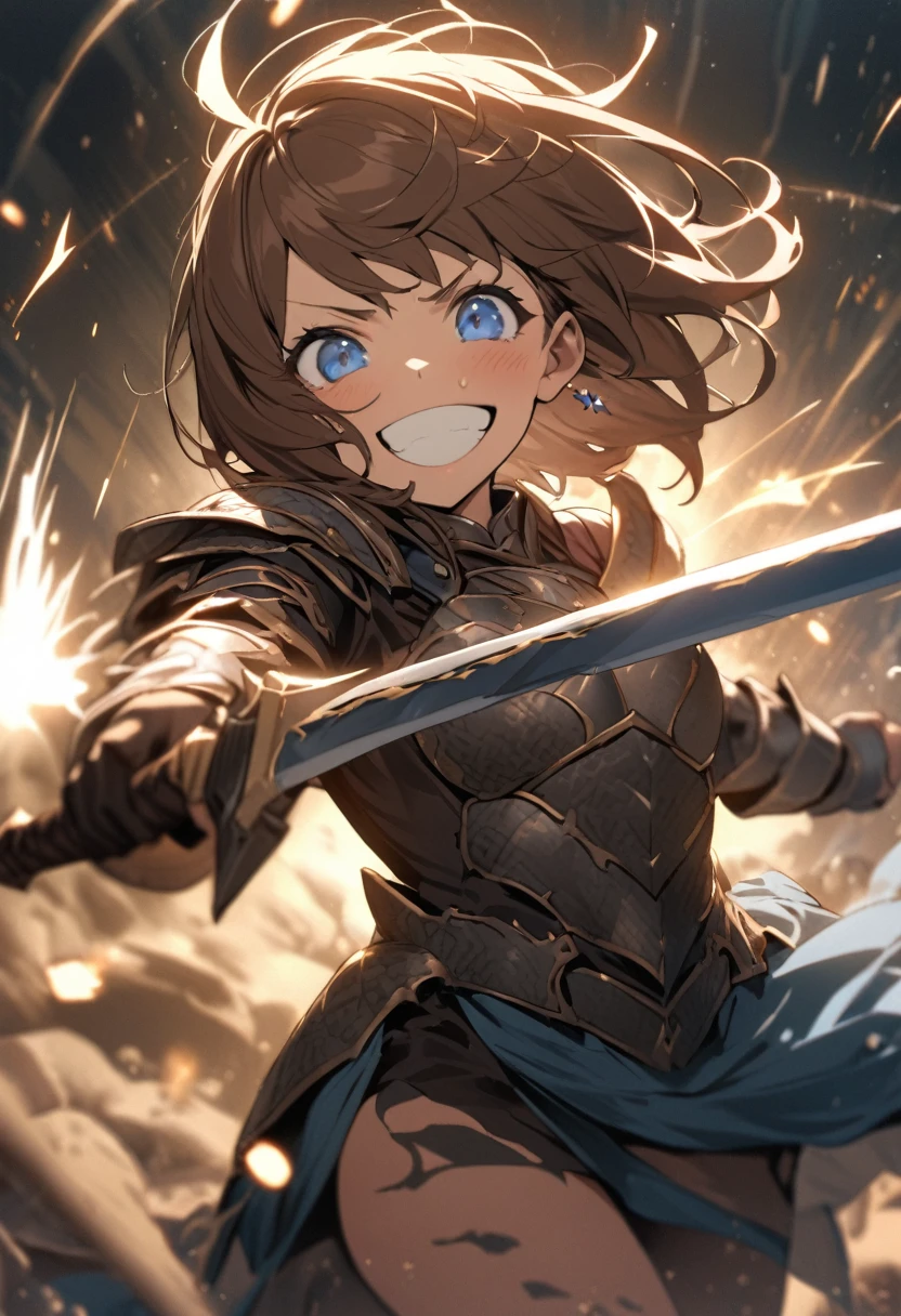 Brat, ((masterpiece)), High resolution, 、girl、 Brown Hair、Short Bob、((smile、Grin))、Excited、Sweating all over the body、Bright Blue Eyes、smile、((Grin))、Earrings、(((Hold the long sword with both hands、Cut in half)))、((Deathblow、mystery))、Sparks fly、Disturbed、Light、Strong winds、highlight、Motion Blur、Tattered Armor(mini skirt、wind lift:0.2)、Shallow depth of field、final battle、Fantastic、