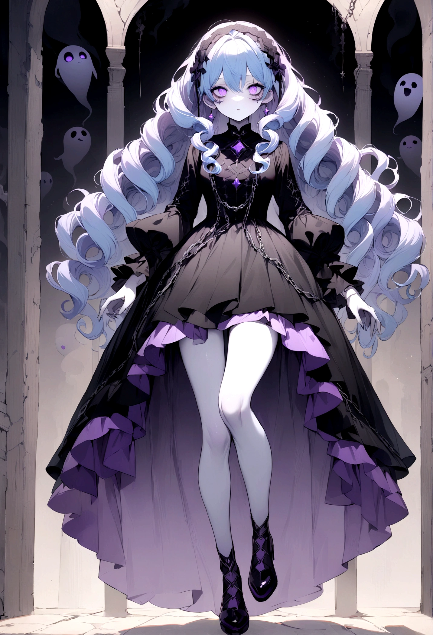 ((best quality)), ((highly detailed)), masterpiece, absurdres, detailed face, beautiful face, (detailed eyes, deep eyes), full body, Long curly hair is shades of pastel blue, pink, and lavender, sparkling purple eyes, pale skin with a faint, Ghost fashion style with chains spooky ghost-themed
