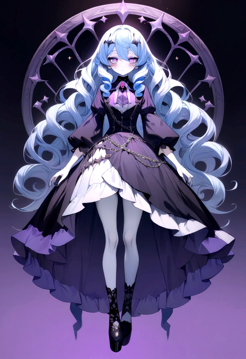 ((best quality)), ((highly detailed)), masterpiece, absurdres, detailed face, beautiful face, (detailed eyes, deep eyes), full body,  Long curly hair is shades of pastel blue, pink, and lavender, sparkling purple eyes, pale skin with a faint, Ghost fashion style with chains spooky ghost-themed