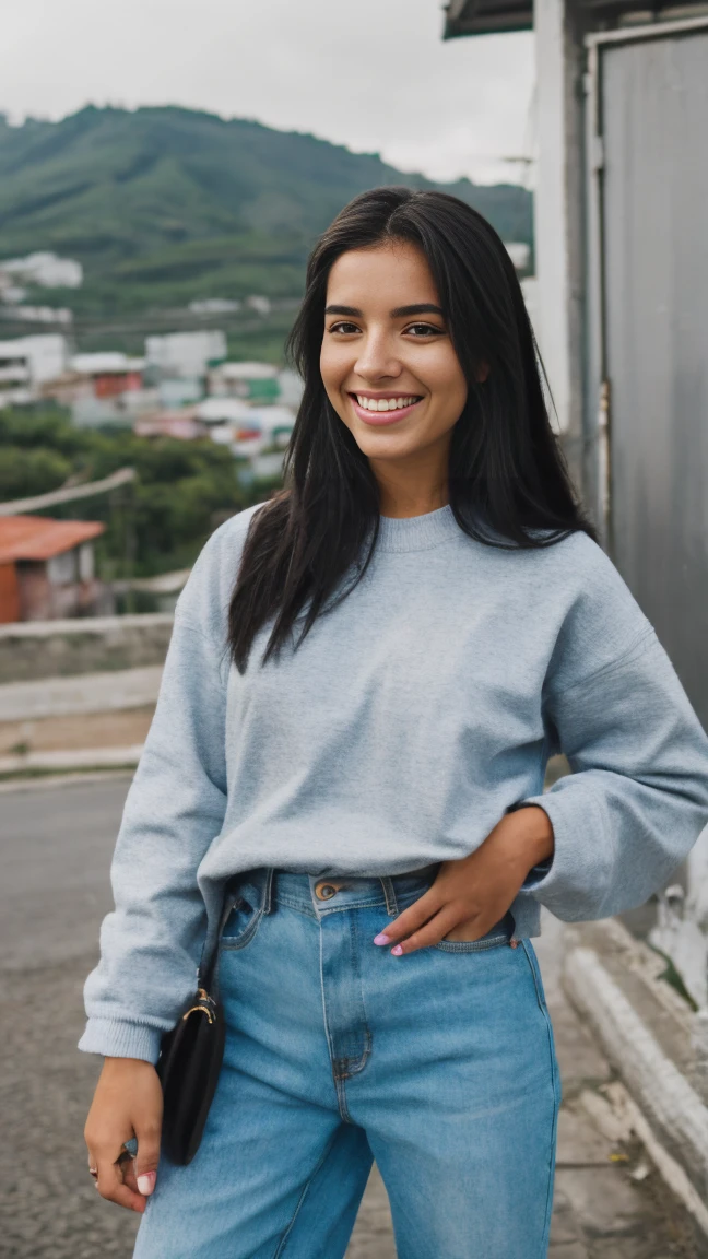 iPhone portrait bright overcast, comuna 13, 1 girl 22 years old, smiling, trendy casual outfits