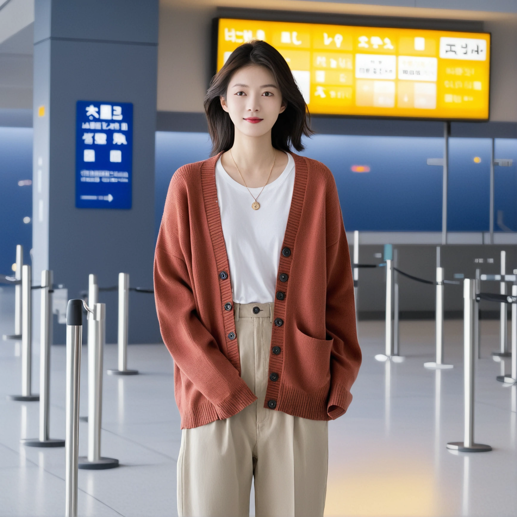 He wore a white T-shirt, a luxury brand cardigan, and beige casual pants.아름다운 한국 여자 , 32 인치 가슴 사이즈, 눈이 크고 예쁘네요. Standing in the departure hall of the airport. . 짧은 중간 머리, He wore a white T-shirt, a luxury brand cardigan, and beige casual pants. 웃다, 짧은 중간 머리, UH