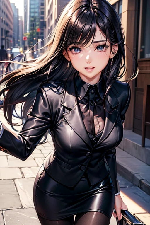 #Basics A girl is posing for a photo, animeのかわいい女の子, (((One Girl, Baby Face, Young girl, 16 years old))),
BREAK
#Clothing Accessories
(White Collar Dress Shirt) + (Black suit jacket:1.4) + (black suit vest:1.4) + (Black shiny pencil mini skirt:1.4) + (Black Pantyhose:1.4) + (Black high heels),
red gem earrings, Silver Necklace,
BREAK
#Features
(Black Hair), (slicked back hair), (Long Hair : Chest-length hair + Hair blowing in the wind + Straight Hair),
(Droopy eyes, blue eyes), (Small breasts),
BREAK
#background environment
(noon、(Sunlit sidewalk in an office district, People coming and going))
#Facial Expression Pose
((Big happy smile + Mouth wide open:1.4 + Teeth are visible), (Confident and powerful pose, A commanding presence)),
#composition
((Face the camera, Angle from the front, Cowboy Shot)),
BREAK
#Body parts elements
(Detailed hair, Beautiful Hair, Shiny Hair),
(double eyelid, Long eyelashes),
(Expression of fine eyes, Beautiful and delicate eyes, Sparkling eyes, Eye Reflexes, Glitter Eyeliner),
(Human Ear),
(Beautiful Nose, Thin Nose),
(Glossy lips, Beautiful Lips, Thick lips, Glossy Lips, Natural Cheeks),
(Detailed face, Symmetrical facial features),
(Detailed skin, Textured skin, Beautiful Skin, Shiny skin),
BREAK
#Quality
(((Highest quality)), ((masterpiece)), ((Very detailed))), ((High resolution), (16K,1080P)),
(Realistic), (Anatomically correct),
((comics, anime)), (3DCG), CG illustration,