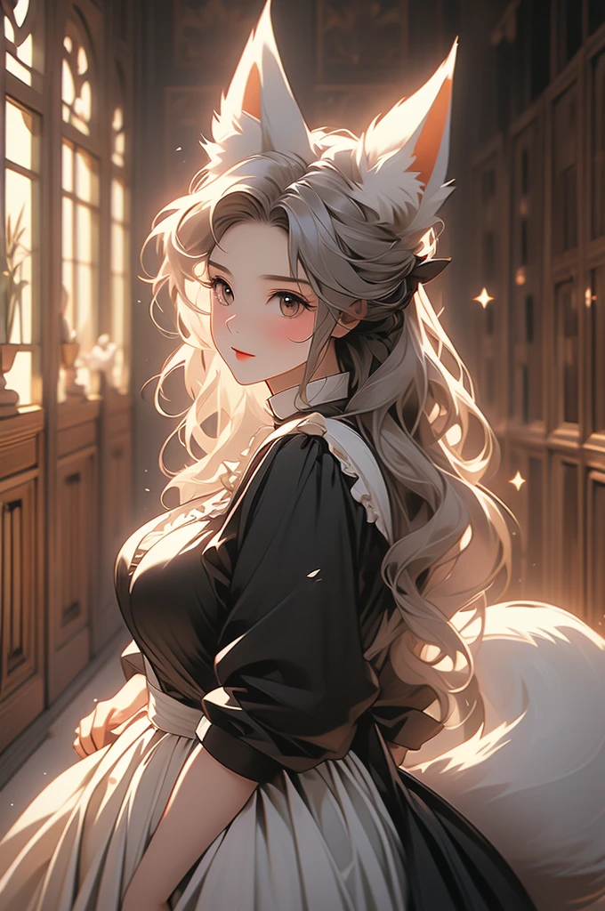 maid, maid uniform, fox ears, fox tail, voluptuous, powerful, plump, black fur, hallway, wooden walls, victorian style
