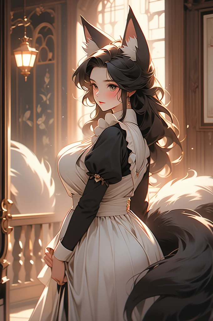 maid, maid uniform, fox ears, fox tail, voluptuous, powerful, plump, black fur, hallway, wooden walls, victorian style