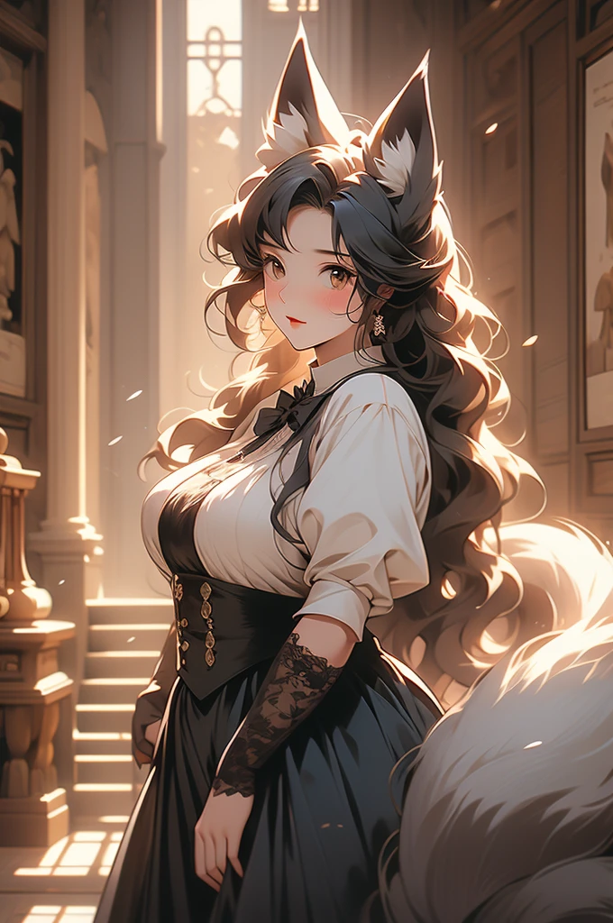 maid, maid uniform, fox ears, fox tail, voluptuous, powerful, plump, black fur, hallway, wooden walls, victorian style