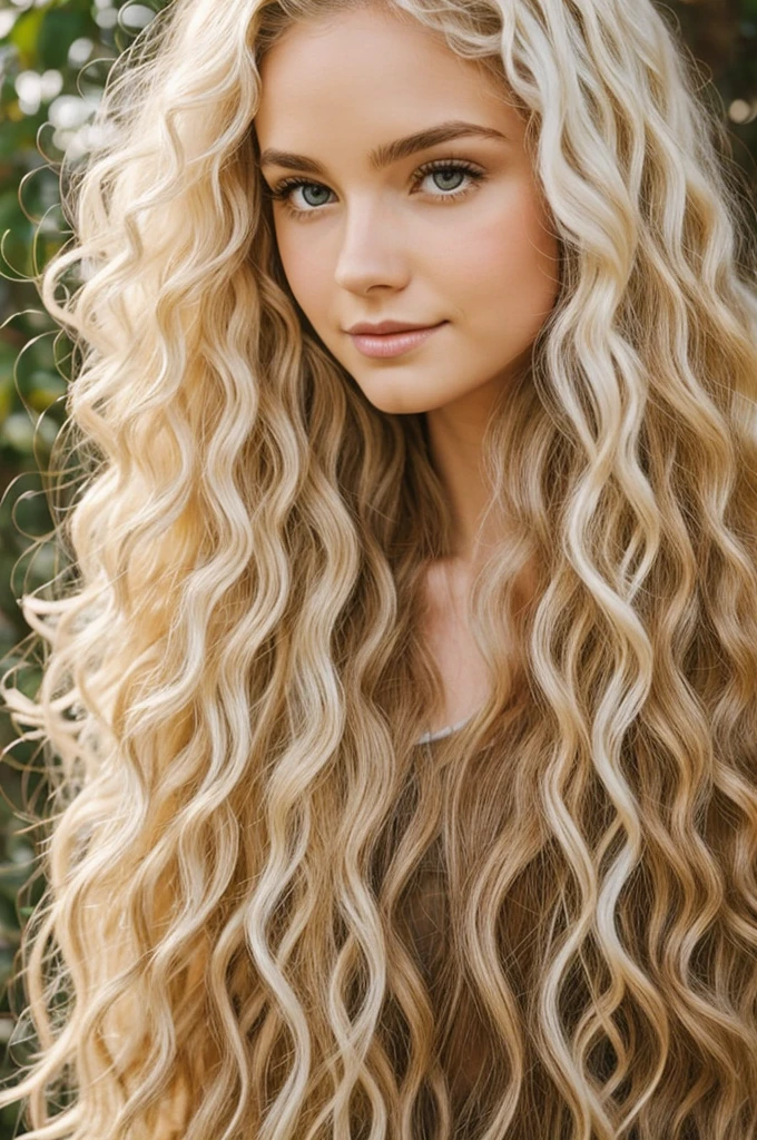 Long white curly hair, beautiful natural hair, simple background, clean
