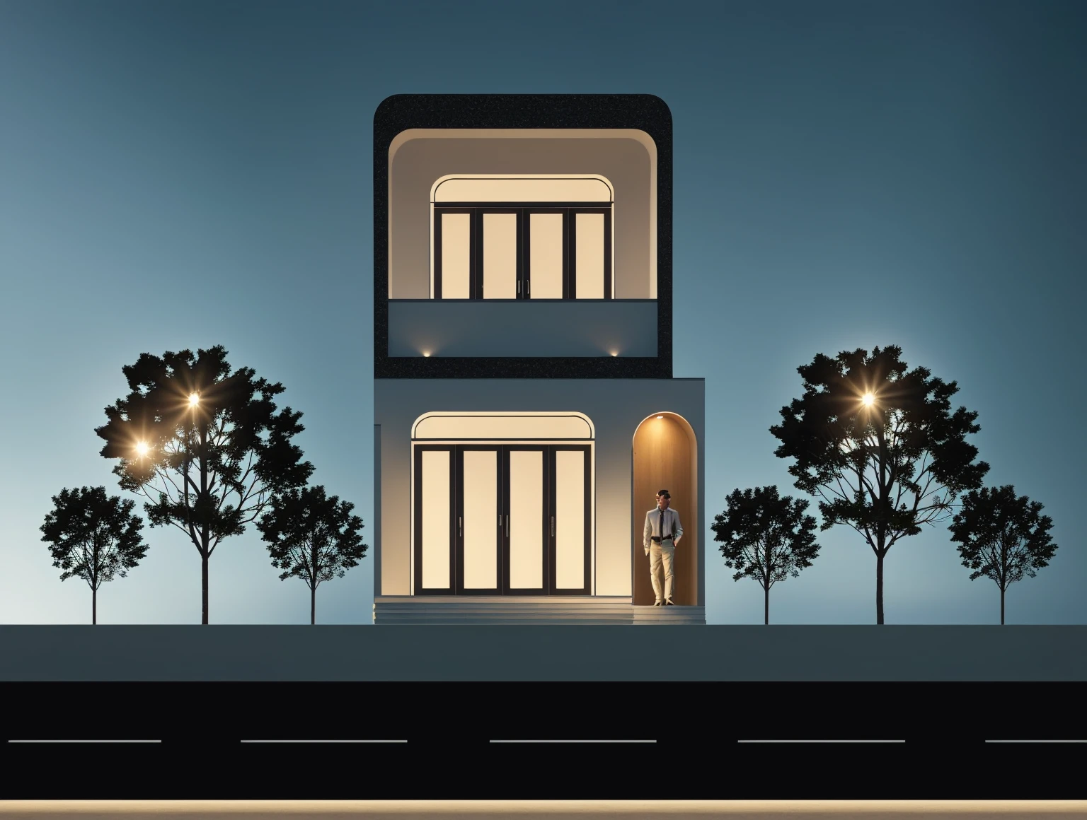 PLATFORM KTHOUSE, 1 morden villa,1large yard, 1 road runs in front of the house, (RAW photo, real, best quality, masterpiece:1.2), look morden minimalist, 1 road in front of the house, dynamic lighting:1.3, (hyper realistic, photo-realistic:1.3), high quality, (dark lighting:1.3), perfect lighting, archdaily, no human, light at 12 noon, light in door:1.3