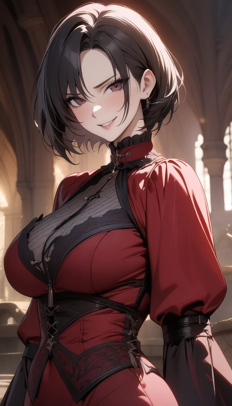 masterpiece, best quality, very aesthetic, absurdres, 1girl, mature_lady, ,ada wong(resident evil), 1girl, short hair,black hair, hair behind ear,red dress,,smirk,Gothic Revival - Inspired by medieval Gothic architecture, with pointed arches and spires.,blur background,background defocus