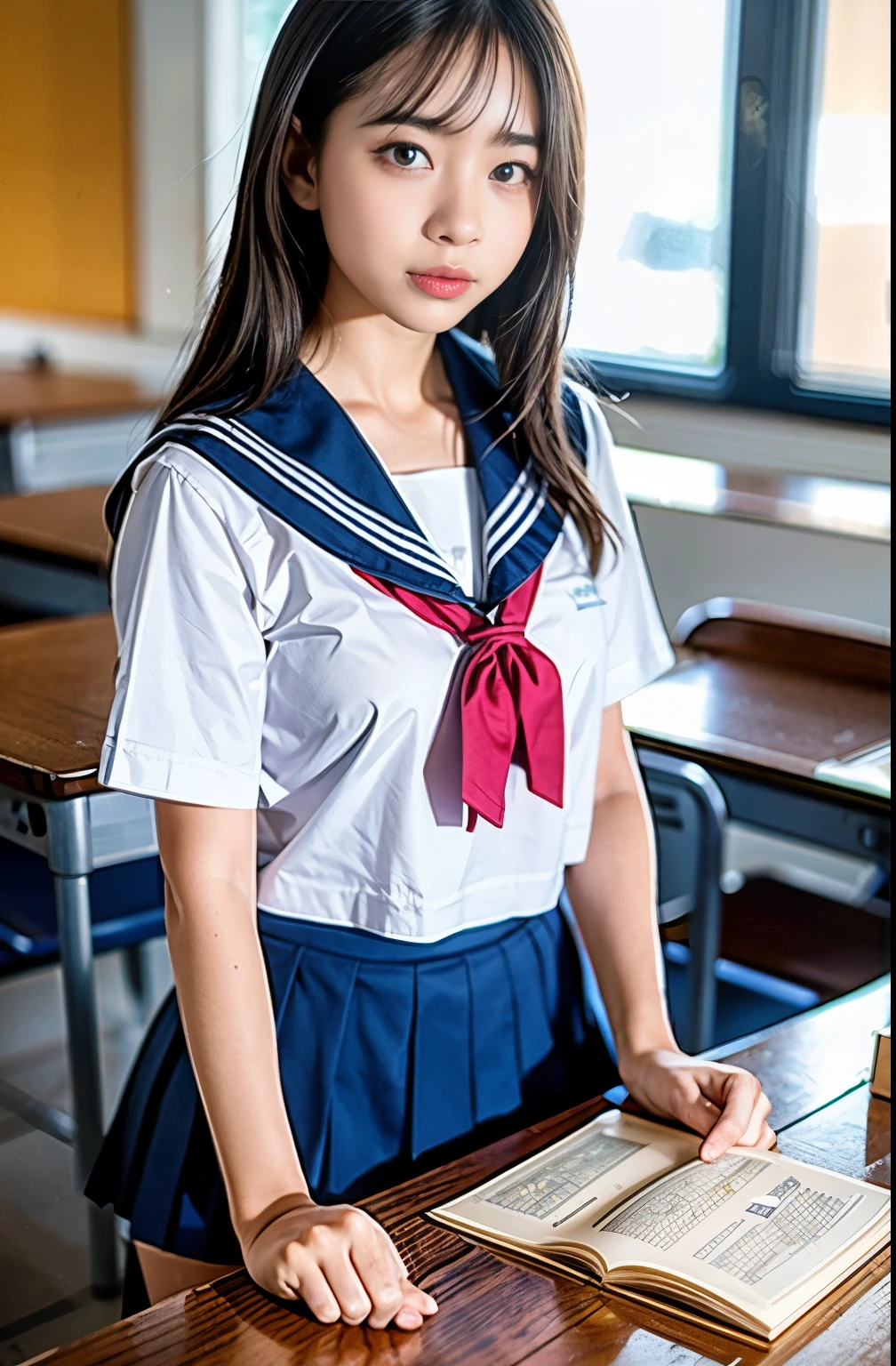 Raw photo , 1 girl  ,Wearing sailor uniform (( girl studying on on in the classroom)) , professional photographer, (hdr:1.4), masterpiece, ultra-realistic 8k, perfect artwork, intrincate details, cute face, award winning photograph, (Best quality, 8k, 32k, Masterpiece, UHD:1.3) ,