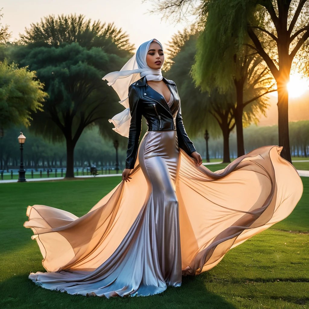 Two woman in long sheer fabric dress,wearing hijab, wear leather jacket, full body,mermaid tight long dress,very long flor length dress, tall women, in park,sunset, sexy face, winds blow her gown, sexy pose, masterpice, hyper realistic, 