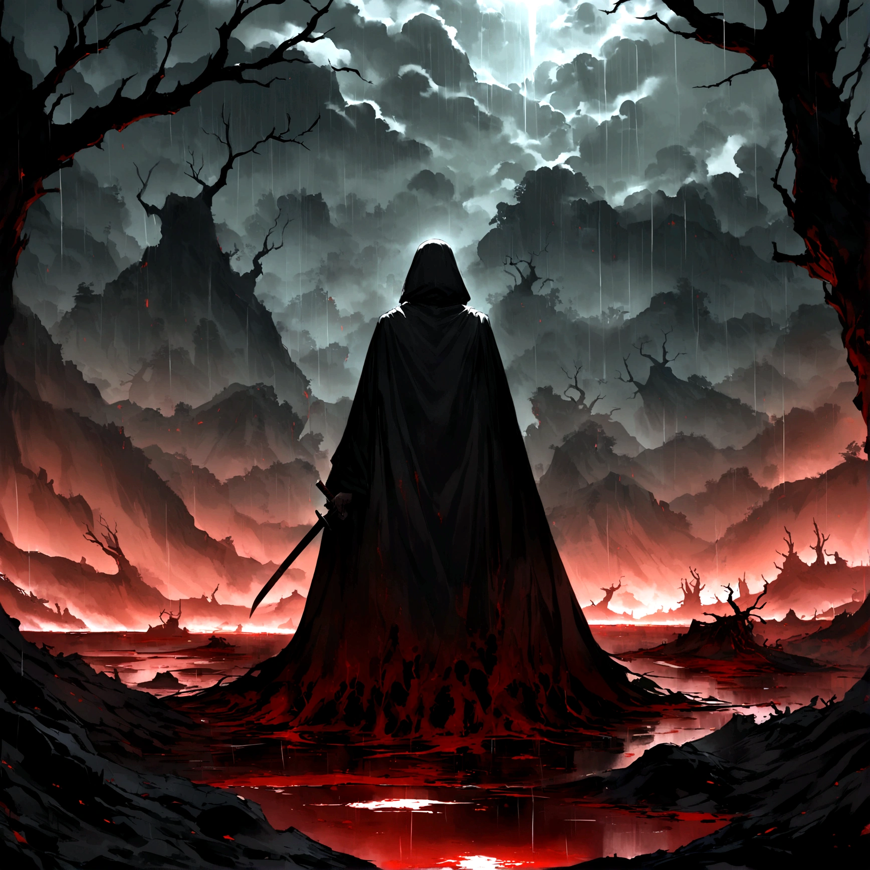 On a cloudy and gloomy day, with dense clouds blocking almost all sunlight, a young warrior with a serious expression and piercing eyes stands out in the desolate scenery. Wearing a torn black cloak and holding a shining katana, he is surrounded by a barren landscape with twisted trees. From the sky, a rain of blood falls, creating scarlet puddles on the ground and staining his clothes and hair. Despite this, the warrior remains impassive and determined. The scene's lighting uses dark contrasts, with deep shadows and points of light highlighting the character and the macabre rain of blood, resulting in a dramatically impactful image.