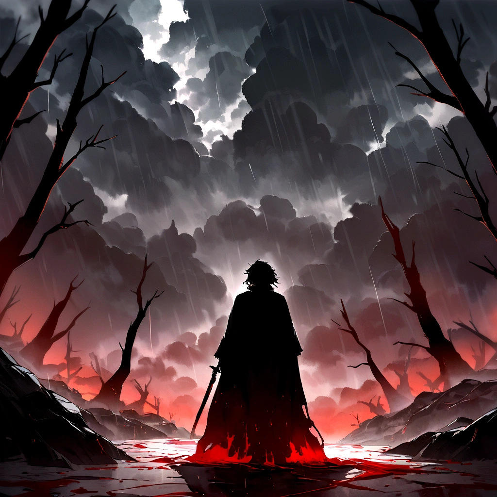 On a cloudy and gloomy day, with dense clouds blocking almost all sunlight, a young warrior with a serious expression and piercing eyes stands out in the desolate scenery. Wearing a torn black cloak and holding a shining katana, he is surrounded by a barren landscape with twisted trees. From the sky, a rain of blood falls, creating scarlet puddles on the ground and staining his clothes and hair. Despite this, the warrior remains impassive and determined. The scene's lighting uses dark contrasts, with deep shadows and points of light highlighting the character and the macabre rain of blood, resulting in a dramatically impactful image.