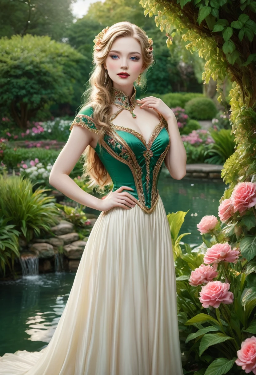 A beautiful young woman, detailed porcelain skin, striking emerald green eyes, lush long eyelashes, full rosy lips, delicate facial features, elegant swan-like neck, wavy golden hair cascading down shoulders, wearing an ornate Victorian-style dress in rich jewel-toned colors, standing in a picturesque garden setting with lush greenery, blooming flowers, and a serene pond in the background, (best quality,8k,highres,masterpiece:1.2),ultra-detailed,realistic,photorealistic,photo-realistic:1.37,elegant,classy,intricate details,dramatic lighting,vibrant colors,cinematic composition