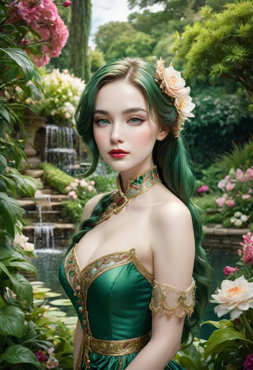 A beautiful young woman, detailed porcelain skin, striking emerald green eyes, lush long eyelashes, full rosy lips, delicate facial features, elegant swan-like neck, wavy golden hair cascading down shoulders, wearing an ornate Victorian-style dress in rich jewel-toned colors, standing in a picturesque garden setting with lush greenery, blooming flowers, and a serene pond in the background, (best quality,8k,highres,masterpiece:1.2),ultra-detailed,realistic,photorealistic,photo-realistic:1.37,elegant,classy,intricate details,dramatic lighting,vibrant colors,cinematic composition