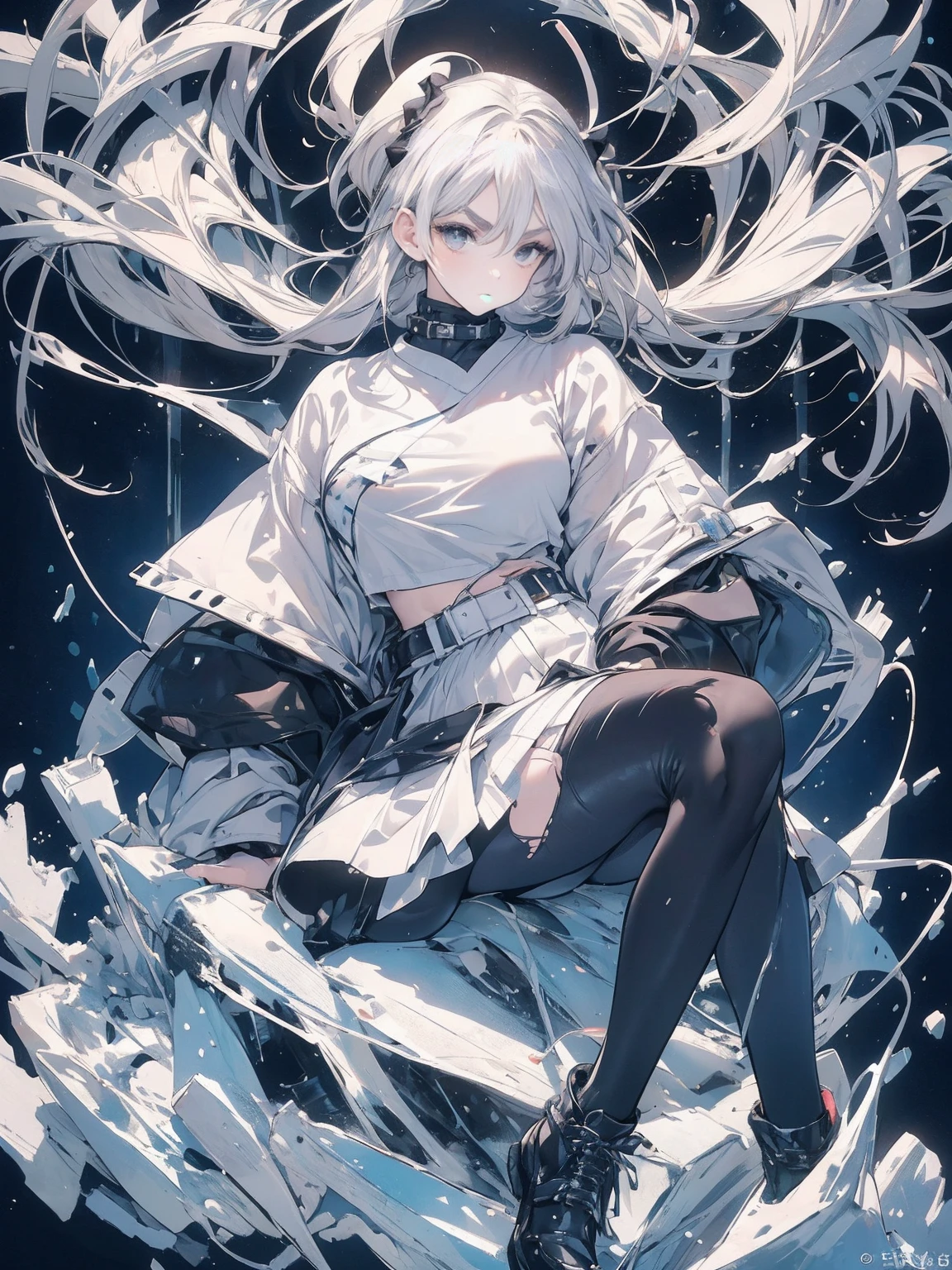 Sense of presence, look up, Focus on shoes, (White Hair Girl), (Thick, dark blue eyebrows:1.4), (Dark blue eyebrows:1.7), (Thick eyebrows:1.3), (Huge black fluffy animal ears:1.1), (Black animal ears:1.1), BREAK, (((Mesh Stitching Crop T-Shirt, Cutout Long Sleeve Top))),BREAK, (Big Breasts:1.2, Thick legs, Adult female body, Sturdy body:1.2), ((full body:1.7, Contrapposto:1.5)), (sharp eyes, Ultra-high definition CG, Precisely designed costumes, 4K, 8K, Ultra-high definition CG, Precisely designed costumes, Clear lines, Expressive and Captivating Eyes, Fine Details and Realistic Textures, cinematic lighting), ((white background)), BREAK, (Wearing black leggings with holes), Skinny sleeves, (Torn and holey leggings:1.2)(Black leggings:1.4), (過剰なRuggedThick soleブーツを履いています:1.2), (Thick sole:1.5), (Big shoes:1.3), brwak,((Lightsabers:1.3, embarrassed))