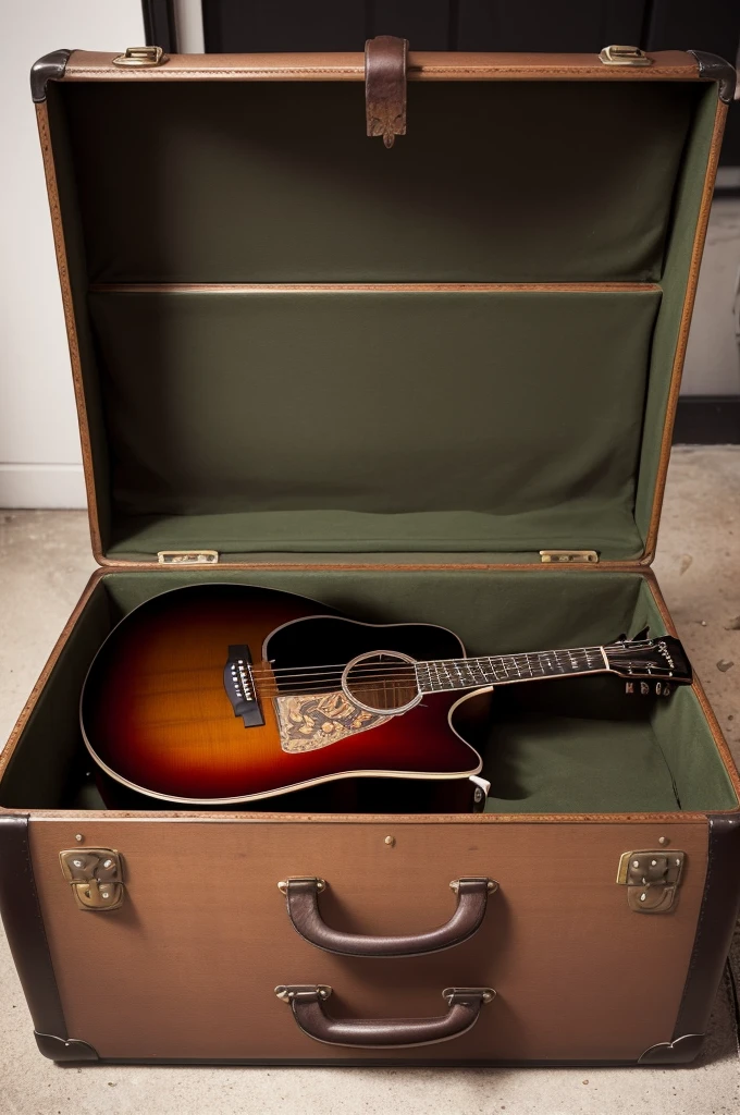 A vintage leather suitcase, with an aged appearance and brown tones, is positioned in the center of the image. Leaning against the suitcase, there is a wooden acoustic guitar, with a glossy finish and gleaming gold strings. The wood of the guitar has a warm amber tone, contrasting with the aged texture of the suitcase.

Wrapped delicately around the guitar body and suitcase strap, there is a black rose. The rose petals are deep black, with smooth edges that almost shine with a slight hint of silver. The dark green stem, with subtle thorns, snakes elegantly between guitar and suitcase, creating an atmosphere of mystery and beauty.