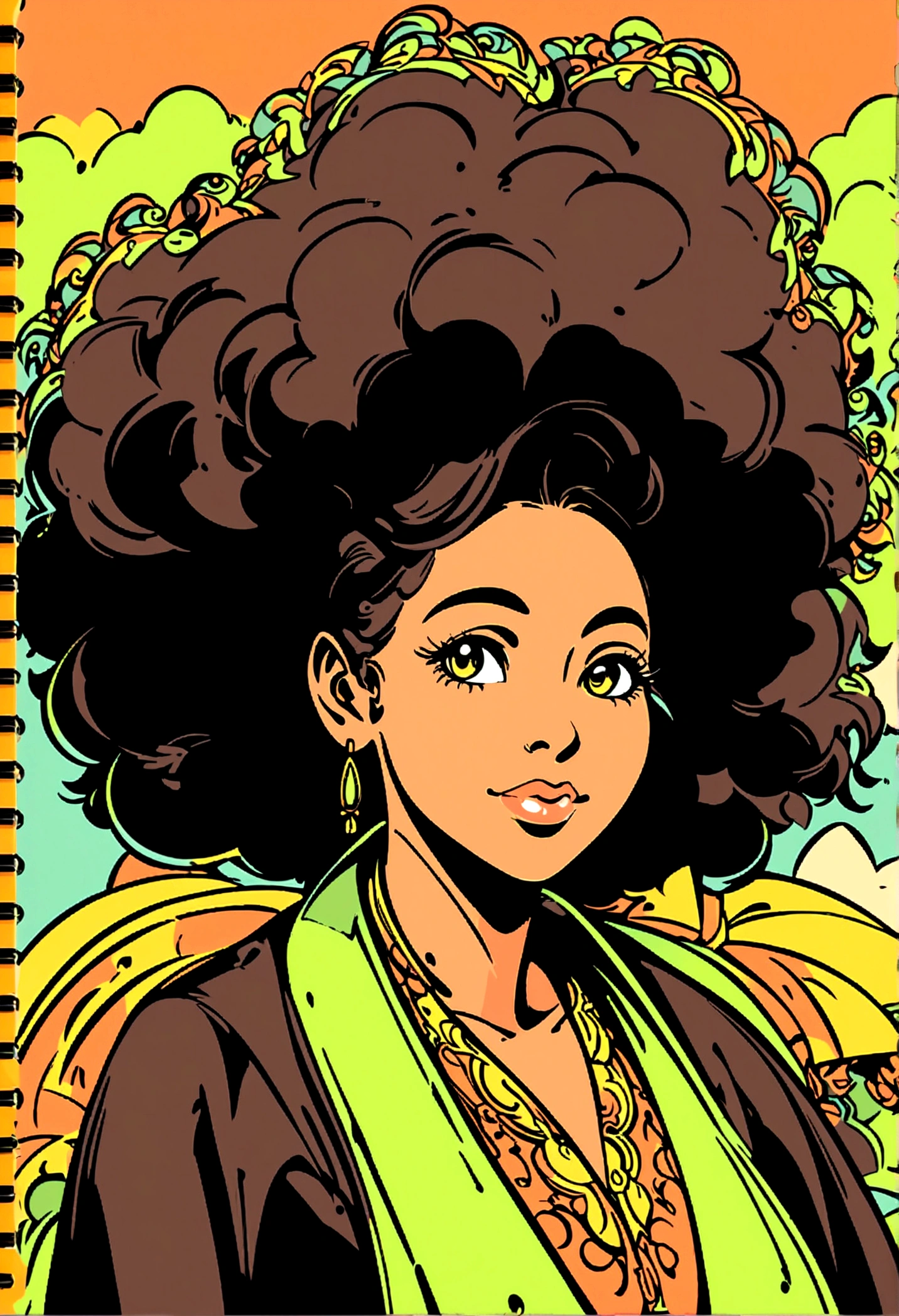 character design image, vector art, of a black woman in her 40s with big afro hair, retro, vector sketch style illustration, adobe illustrator sketch art style, vector sketch art style, in digital illustration style , highly detailed character design, vector cartoon art, afro, character design portrait