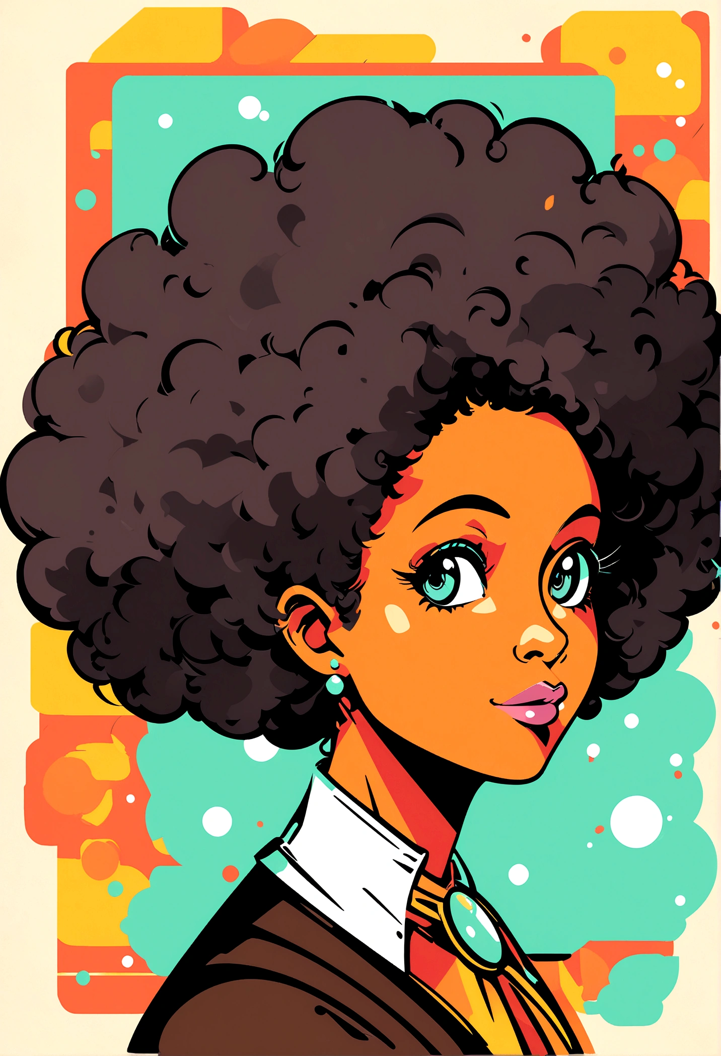 character design image, vector art, of a black woman in her 40s with big afro hair, retro, vector sketch style illustration, adobe illustrator sketch art style, vector sketch art style, in digital illustration style , highly detailed character design, vector cartoon art, afro, character design portrait