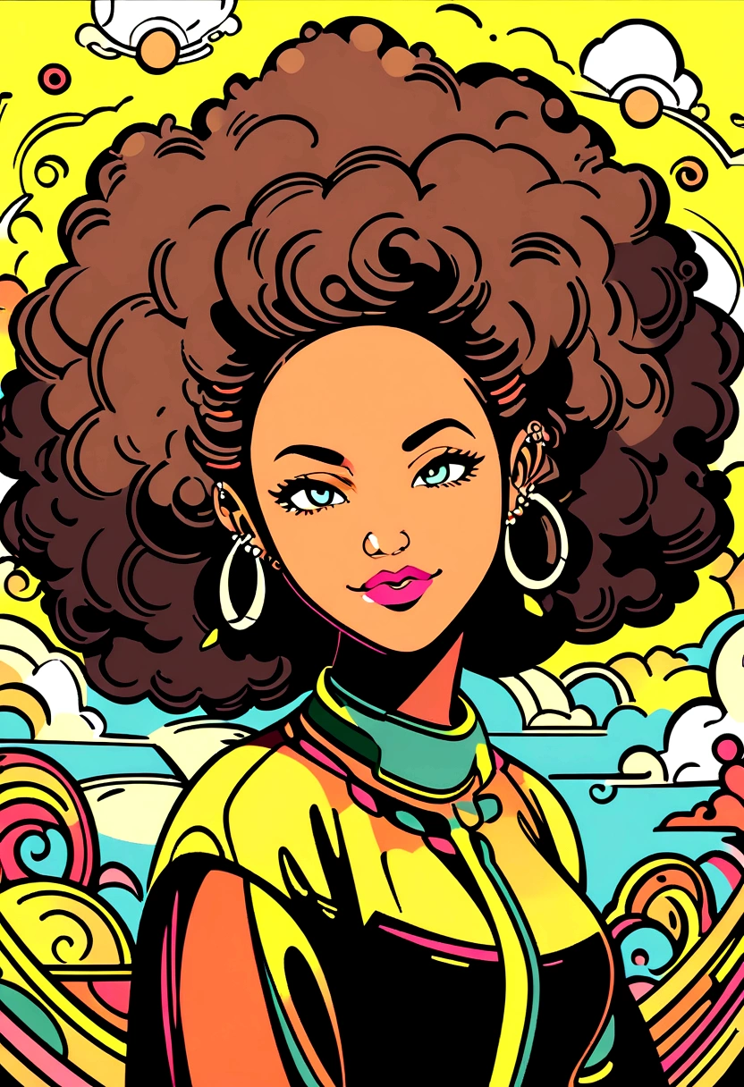 character design image, vector art, of a black woman in her 40s with big afro hair, retro, vector sketch style illustration, adobe illustrator sketch art style, vector sketch art style, in digital illustration style , highly detailed character design, vector cartoon art, afro, character design portrait