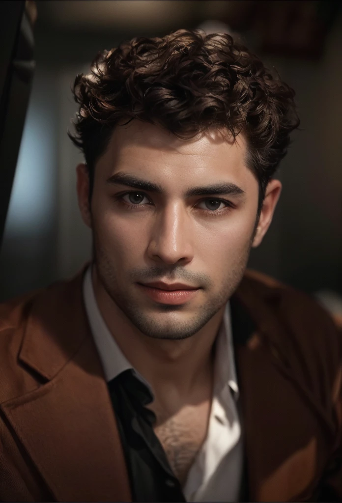 Handsome man, latino  an extreme close-up that highlights striking and short eyes,  short brown hair, (shaven:1.3), (30 years old:1.3). The mastery of light and shadow adds depth to its masculine aspect in this dramatic composition....... Captured with a Fujifilm GFX 100S and a Fujinon GF 63mm f/2.Objectif 8 R WR --ar 9:16 --s 350 --c 10 --style brut