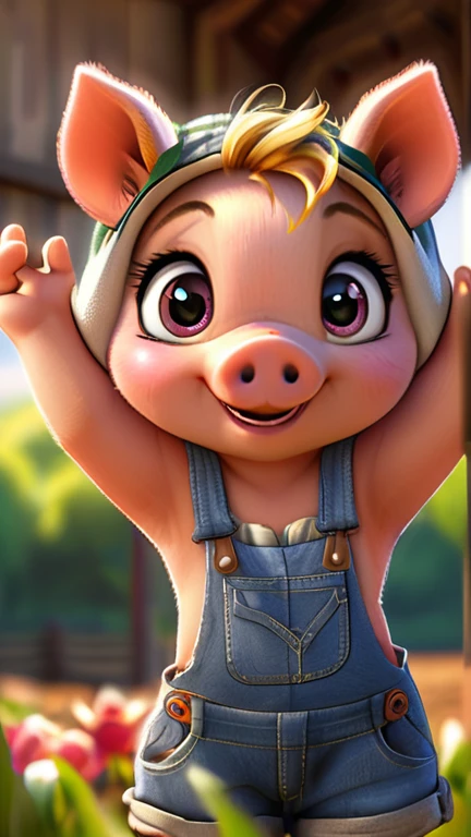 cute tiny piggy, cartoon , arms, hands ,cute eyes, looking at viewer, arms up, farm clothes, piggy ears
