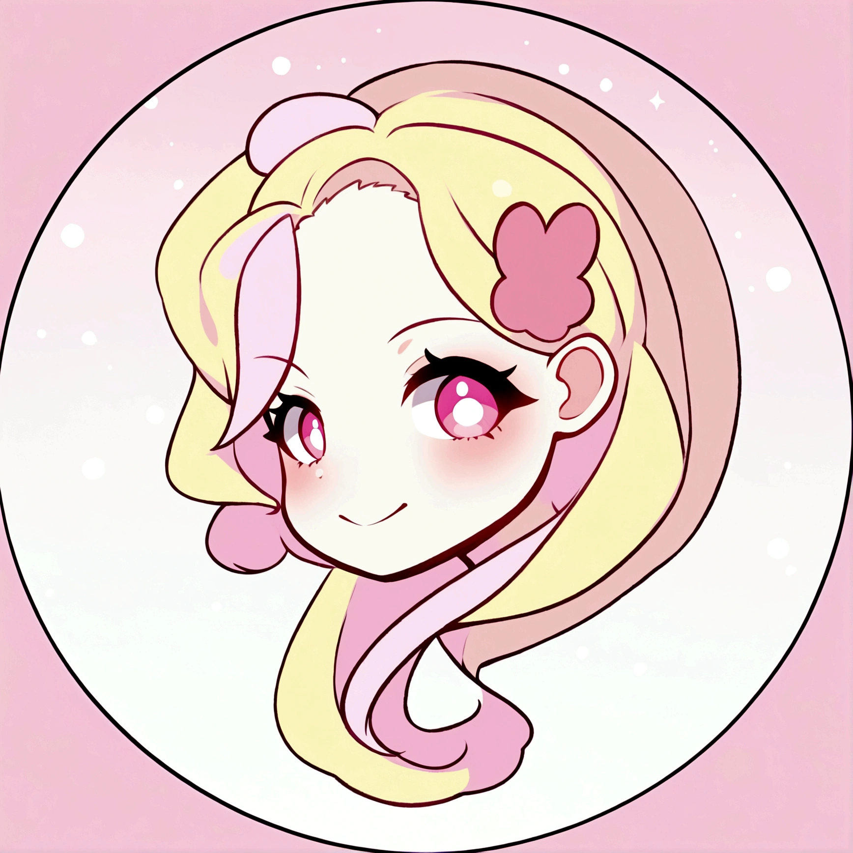 a close up of a cartoon girl with a pink bow in her hair, avatar for website, yami kawaii, anime style”, pink girl, chibi, pink face, pink iconic character, cartoonish cute, avatar with a blond hair, , cute anime face, glowing pink face, extremely cute anime girl face, pixvy, cooky, (pink colors)