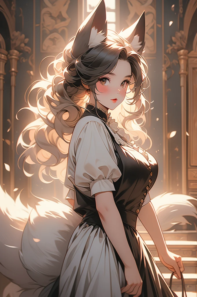maid, maid uniform, fox ears, fox tail, voluptuous, powerful, plump, black fur, hallway, wooden walls, victorian style
