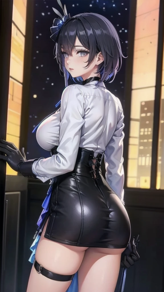 Masterpiece, Beautiful art, professional artist, 8k, Very detailed face, Detailed clothing, detailed fabric, 1 girl, Soul Fullness \(Honkai Impact 3rd\), view from behind, perfect ass, standing, perfectly drawn body, big breasts, shy expression, pale skin, beautiful face, short dark blue hair, 4k eyes, very detailed eyes, pink cheeks, choker:1.6, (white long sleeve button down shirt with white collar), black gloves, gloves that cover hands, (black leather corset), (shiny black tight mini skirt), Sensual Lips , winter night, show details in the eyes, looking at the viewer, elegant city, at night