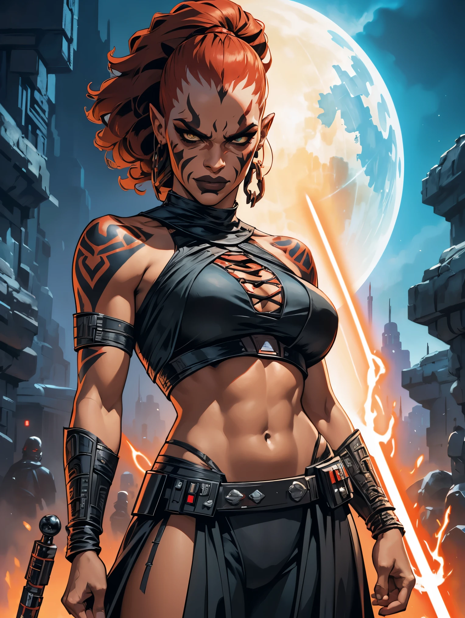 a female Darth Maul sith based on Zendaya, Star Wars, highly detailed cinematic fantasy portrait, black outlining, full color illustration, in the style of BORIS VALLEJO & JULIE BELL, masterpiece, 8k, ultra-detailed, physically-based rendering, vivid colors, dramatic lighting, intricate background, photorealistic