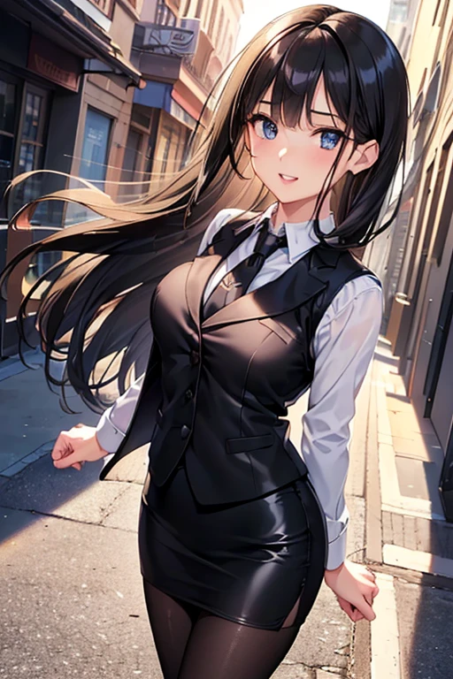 #Basics A girl is posing for a photo, animeのかわいい女の子, (((One Girl, Baby Face, Young girl, 16 years old))),
BREAK
#Clothing Accessories
(White Collar Dress Shirt) + (Black suit jacket:1.4) + (black suit vest:1.4) + (Black shiny pencil mini skirt:1.4) + (Black Pantyhose:1.4) + (Black high heels),
red gem earrings, Silver Necklace,
BREAK
#Features
(Black Hair), (slicked back hair), (Long Hair : Chest-length hair + Hair blowing in the wind + Straight Hair),
(Droopy eyes, blue eyes), (Small breasts),
BREAK
#background environment
(noon、(Sunlit sidewalk in an office district, People coming and going))
#Facial Expression Pose
((Big happy smile + Mouth wide open:1.4 + Teeth are visible), (Confident and powerful pose, A commanding presence)),
#composition
((Face the camera, Angle from the front, Cowboy Shot)),
BREAK
#Body parts elements
(Detailed hair, Beautiful Hair, Shiny Hair),
(double eyelid, Long eyelashes),
(Expression of fine eyes, Beautiful and delicate eyes, Sparkling eyes, Eye Reflexes, Glitter Eyeliner),
(Human Ear),
(Beautiful Nose, Thin Nose),
(Glossy lips, Beautiful Lips, Thick lips, Glossy Lips, Natural Cheeks),
(Detailed face, Symmetrical facial features),
(Detailed skin, Textured skin, Beautiful Skin, Shiny skin),
BREAK
#Quality
(((Highest quality)), ((masterpiece)), ((Very detailed))), ((High resolution), (16K,1080P)),
(Realistic), (Anatomically correct),
((comics, anime)), (3DCG), CG illustration,