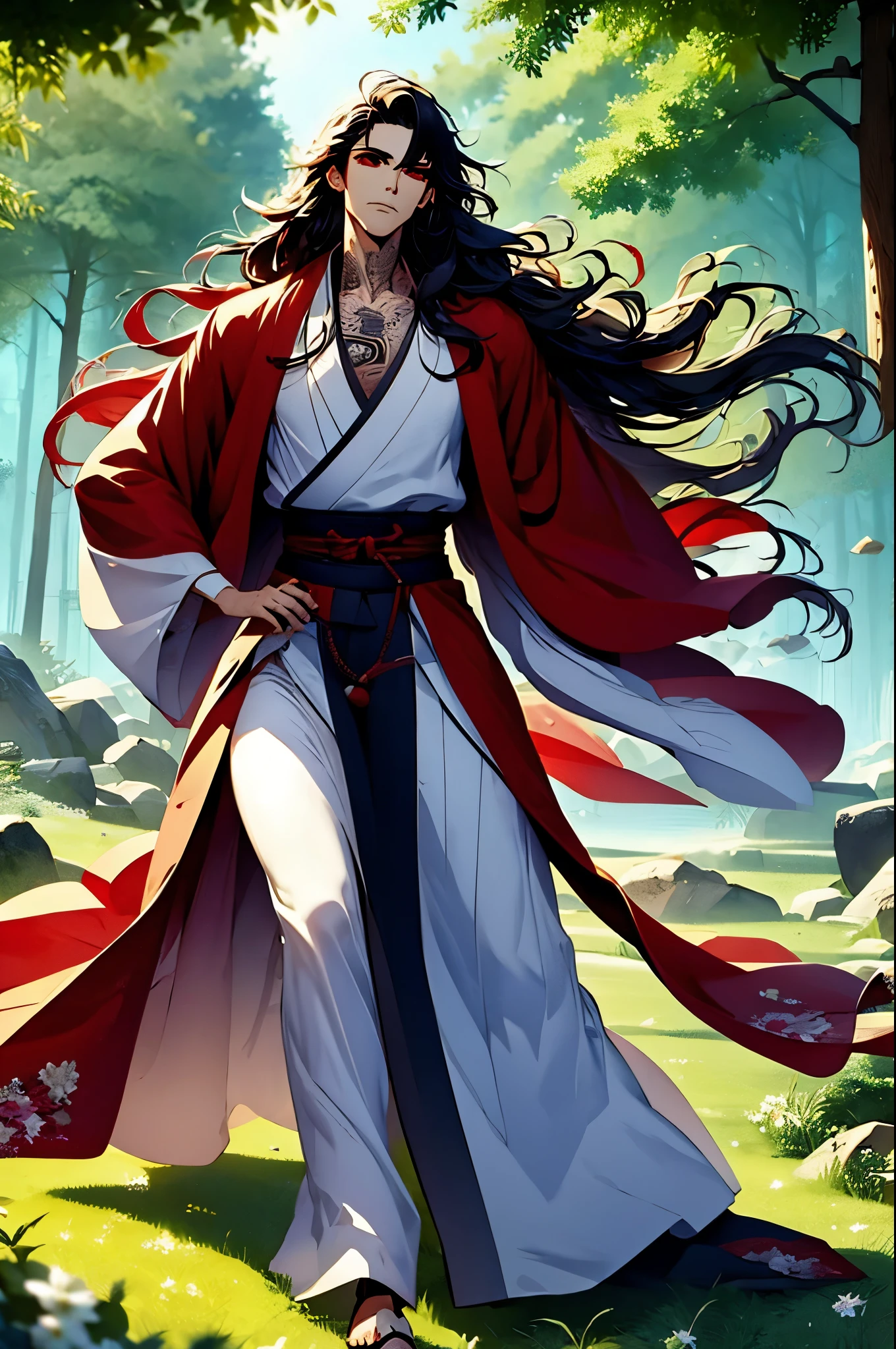 illustration, mo dao zu shi, solo, 1 man, lonely, black and red wavy long hair, red beautiful eyes, realistic cheeks, muscular body, wearing hanfu, Chinese male hanfu, folk costume, tattooed neck, detailed snake neck tattoo, by Kentaro Miura drawn manga, wild style, full body shot, luxurious scenery, AImanhwa style, masterpiece, UHD , awrad award-winning design, Artstation, sharp image, high definition, detailed, detailed, (ultra detailed), (illustration) ,(masterpiece:1.2) , (best quality: 1.2)