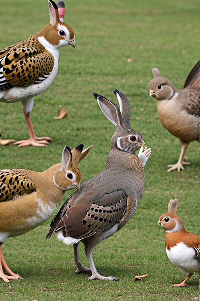 Game birds playing with rabbit