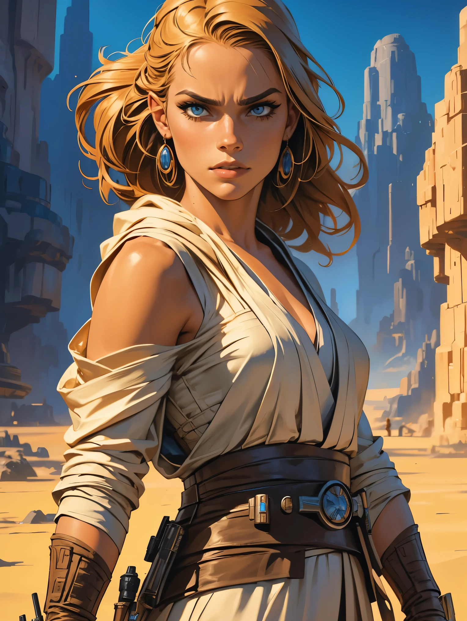 a female Obi-Wan Kenobi jedi based on Jenna Ortega, Star Wars, highly detailed cinematic fantasy portrait, black outlining, full color illustration, in the style of BORIS VALLEJO & JULIE BELL, masterpiece, 8k, ultra-detailed, physically-based rendering, vivid colors, dramatic lighting, intricate background, photorealistic