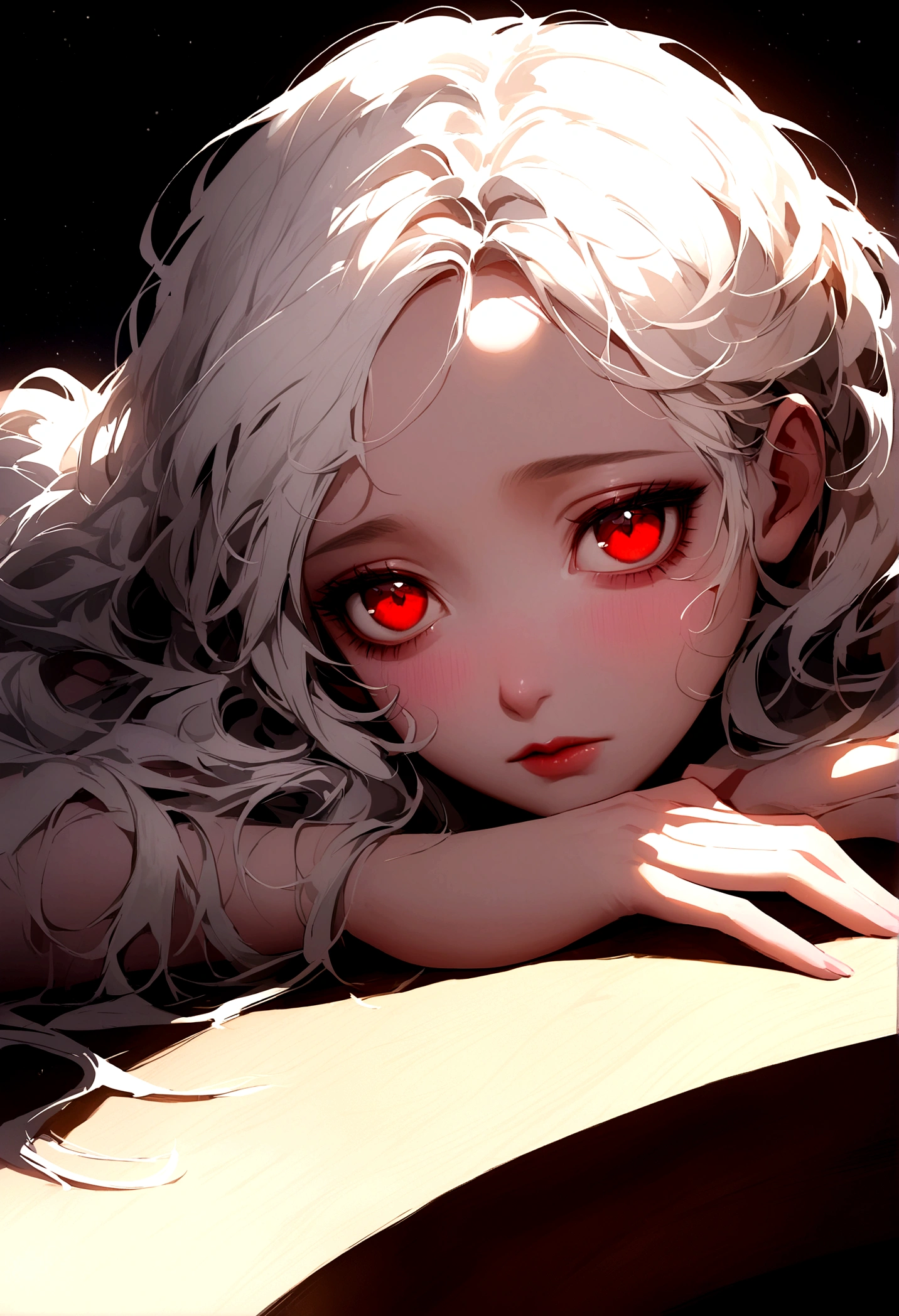 Be a girl with a pink complexion, beautiful eyes (red eyes) and deep as the night sky, half sad face lying on the table, white hair, looking at you, with an anime/semi-realistic style of art