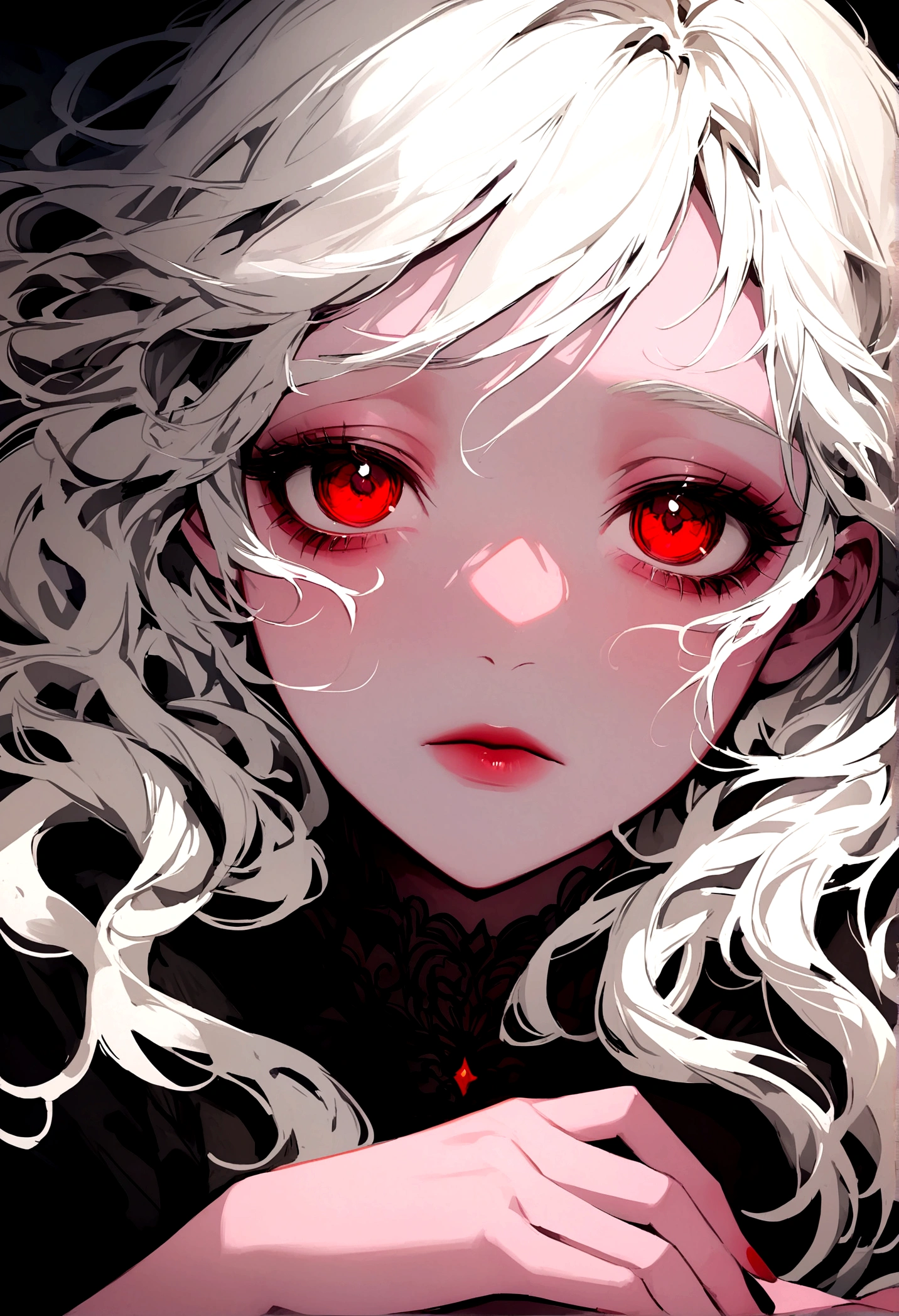 Be a girl with a pink complexion, beautiful eyes (red eyes) and deep as the night sky, half sad face lying on the table, white hair, looking at you, with an anime/semi-realistic style of art