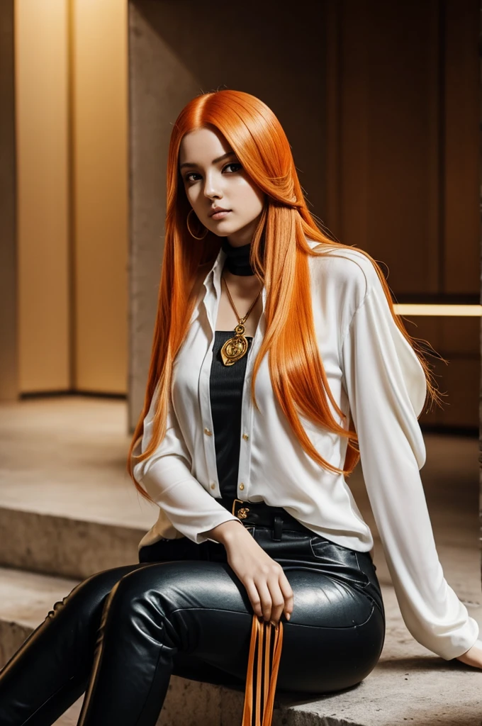Estilo Arcane (league of Legends), a woman wearing black pants and gold details with high boots, a white shirt with long, wide sleeves and slightly wavy light pastel orange hair with brown eyes. sonríendo levemente.