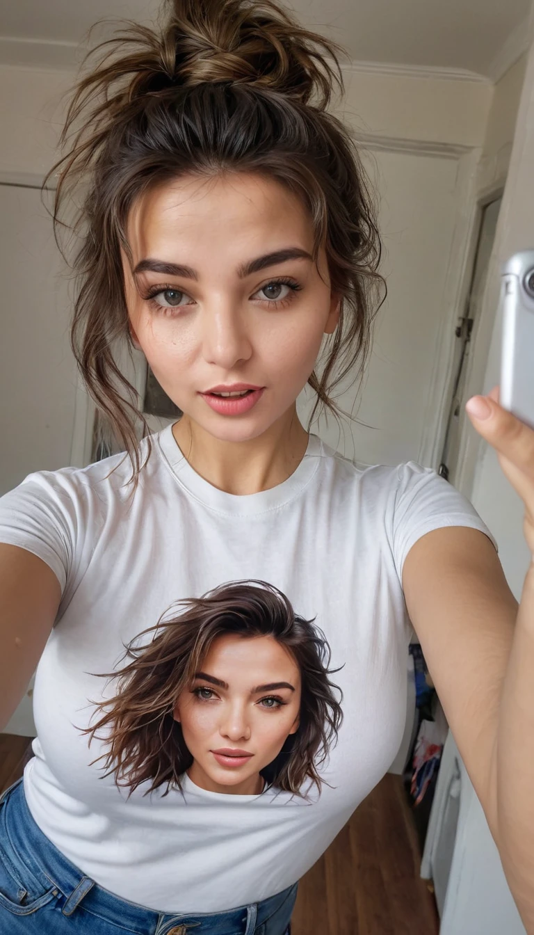 (masterpiece, best quality:1.2), 1girl, solo, a girl take a selfie with a STRICTLY shirt , HIGHRES, clean face, with accurate face, solo, upper body, potrait, close up potrait, portait photo profile picture, REALISTIC , PHOTO REAL, messy hair, open mouth, perfect face, best image, HIGH RESOLUTION, half closed eyes