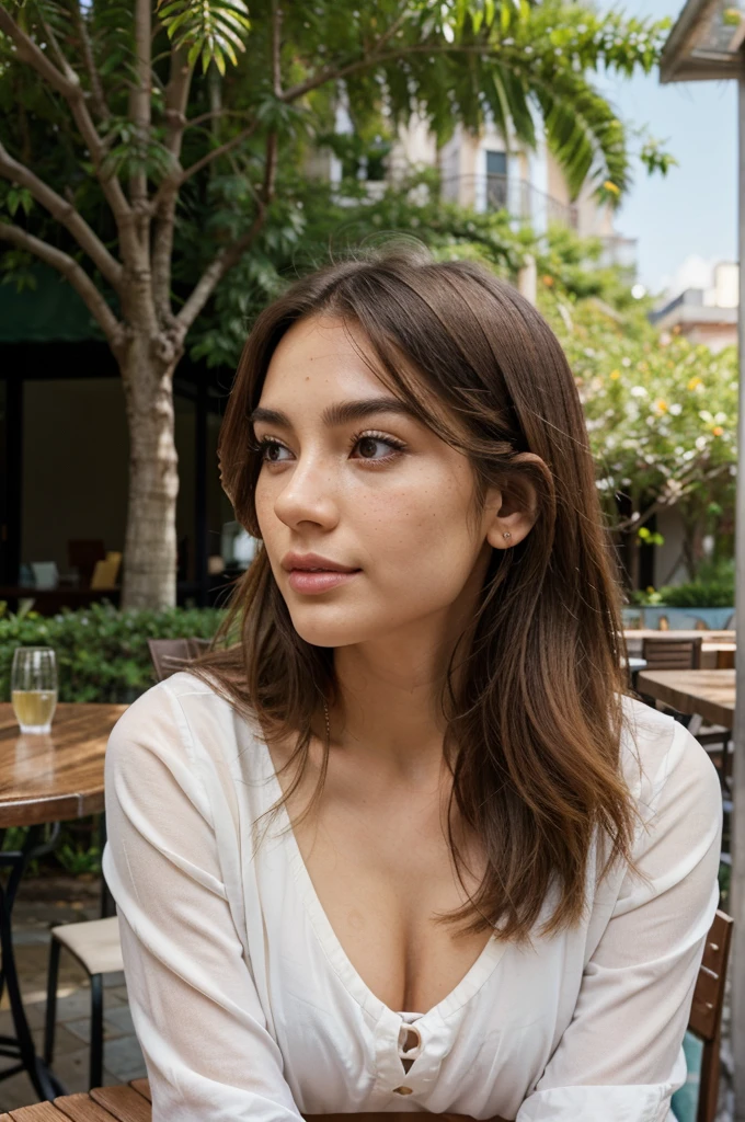 Create a very realistic and beautiful model with the following detailed features: Gender: Female, Age: Young adult (approximately 20-25 years old), Hair: Long, wavy and reddish with a natural shine, gently cascading around the shoulders and back back. . . . . . . . . . . , Eyes: Bright green with a captivating, slightly almond-shaped look, detailed with natural highlights, Skin: Fair complexion with a light texture, including natural freckles on the nose and cheeks, giving a youthful and vibrant appearance: Fair complexion with a light texture, including natural freckles on the nose and cheeks, giving a youthful and lively appearance, Face: with a smooth and natural contour, soft, full lips with a slight pinkish tint and a slightly delicate upturned nose, Expression : a gentle face, with a touch of mischief, which conveys warmth and approachability, Clothing: a flowing dress, bright color, Context: the model is on an elegant, flowery street, sitting at a table in an open-air restaurant, glass of iced tea on the table, , clear and sunny day, view of trees in the background.
Pose: relaxed and confident posture, sitting at a table in an outdoor restaurant, glass of iced tea on the table, , clear sunny day, view of trees in the background.aesthetic, Unsplash, Neoclassicism, Background complex, Best quality, hyper detailed, Gratty Sita, 64K, Light design