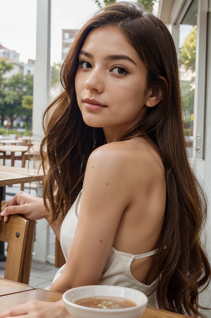 Create a very realistic and beautiful model with the following detailed features: Gender: Female, Age: Young adult (approximately 20-25 years old), Hair: Long, wavy and reddish with a natural shine, gently cascading around the shoulders and back back. . . . . . . . . . . , Eyes: Bright green with a captivating, slightly almond-shaped look, detailed with natural highlights, Skin: Fair complexion with a light texture, including natural freckles on the nose and cheeks, giving a youthful and vibrant appearance: Fair complexion with a light texture, including natural freckles on the nose and cheeks, giving a youthful and lively appearance, Face: with a smooth and natural contour, soft, full lips with a slight pinkish tint and a slightly delicate upturned nose, Expression : a gentle face, with a touch of mischief, which conveys warmth and approachability, Clothing: a flowing dress, bright color, Context: the model is on an elegant, flowery street, sitting at a table in an open-air restaurant, glass of iced tea on the table, , clear and sunny day, view of trees in the background.
Pose: relaxed and confident posture, sitting at a table in an outdoor restaurant, glass of iced tea on the table, , clear sunny day, view of trees in the background.aesthetic, Unsplash, Neoclassicism, Background complex, Best quality, hyper detailed, Gratty Sita, 64K, Light design