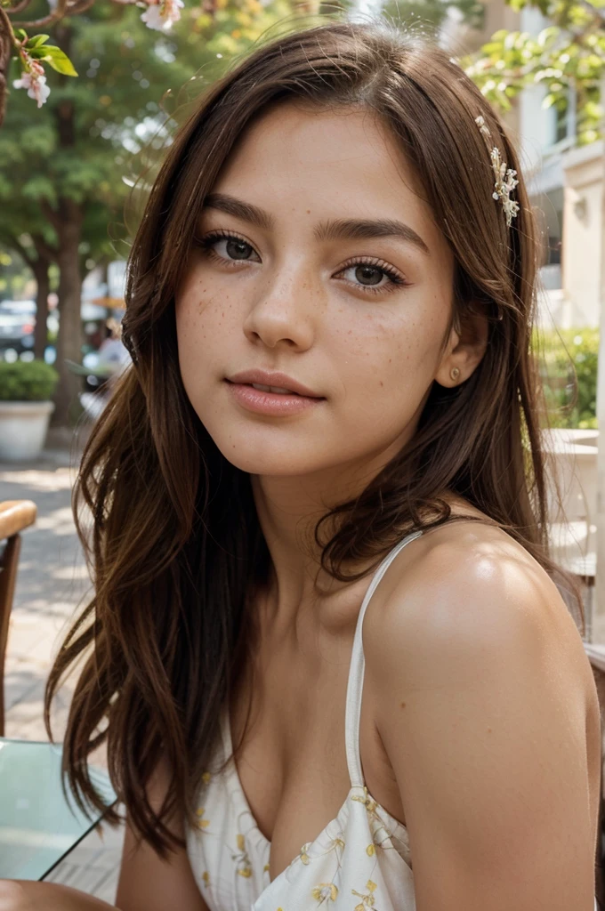 Create a very realistic and beautiful model with the following detailed features: Gender: Female, Age: Young adult (approximately 20-25 years old), Hair: Long, wavy and reddish with a natural shine, gently cascading around the shoulders and back back. . . . . . . . . . . , Eyes: Bright green with a captivating, slightly almond-shaped look, detailed with natural highlights, Skin: Fair complexion with a light texture, including natural freckles on the nose and cheeks, giving a youthful and vibrant appearance: Fair complexion with a light texture, including natural freckles on the nose and cheeks, giving a youthful and lively appearance, Face: with a smooth and natural contour, soft, full lips with a slight pinkish tint and a slightly delicate upturned nose, Expression : a gentle face, with a touch of mischief, which conveys warmth and approachability, Clothing: green t-shirt, bright green color, Context: the model is in an elegant, flowery street, sitting at a table in an open-air restaurant , glass of iced tea on the table, , clear sunny day, view of trees in the background.
Pose: relaxed and confident posture, sitting at a table in an outdoor restaurant, glass of iced tea on the table, , clear sunny day, view of trees in the background.aesthetic, Unsplash, Neoclassicism, Background complex, Best quality, hyper detailed, Gratty Sita, 64K, Light design